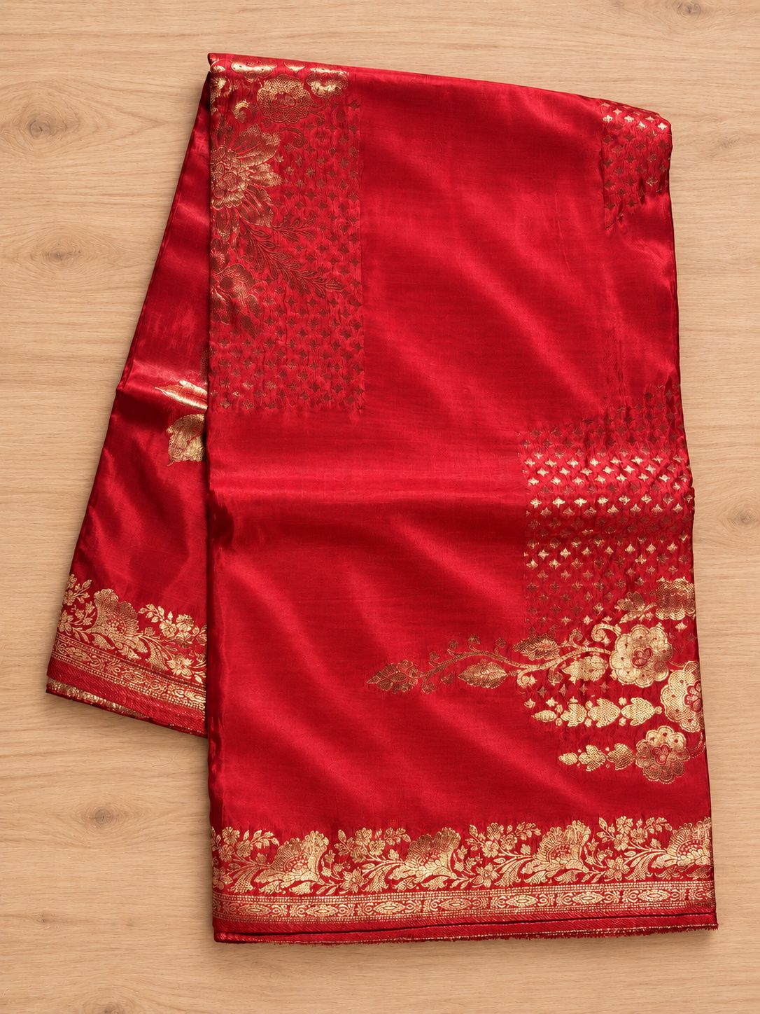 Ruby Red Gold Zari Floral Silk Saree photo 3