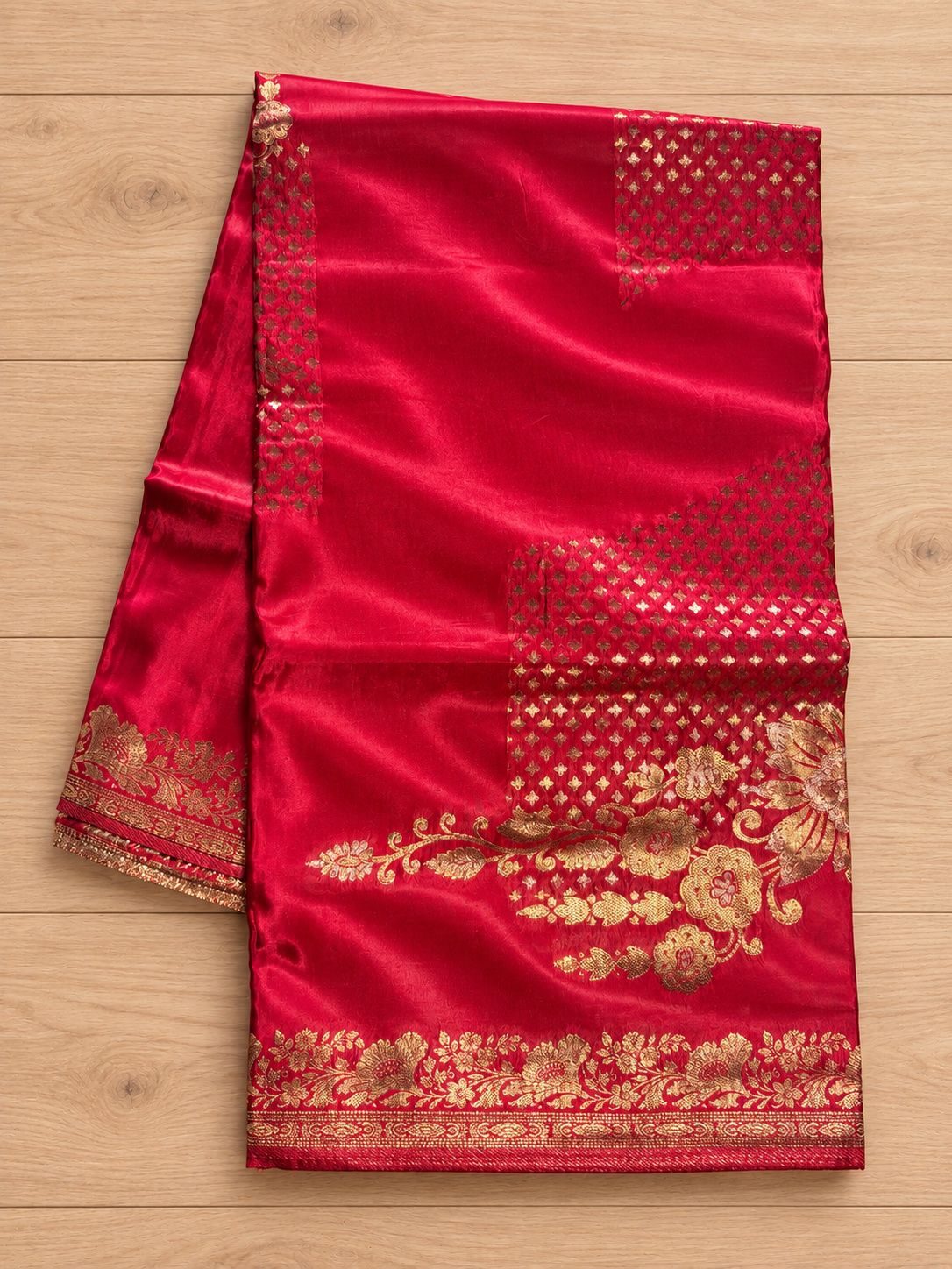 Ruby Red Gold Zari Floral Silk Saree photo 5