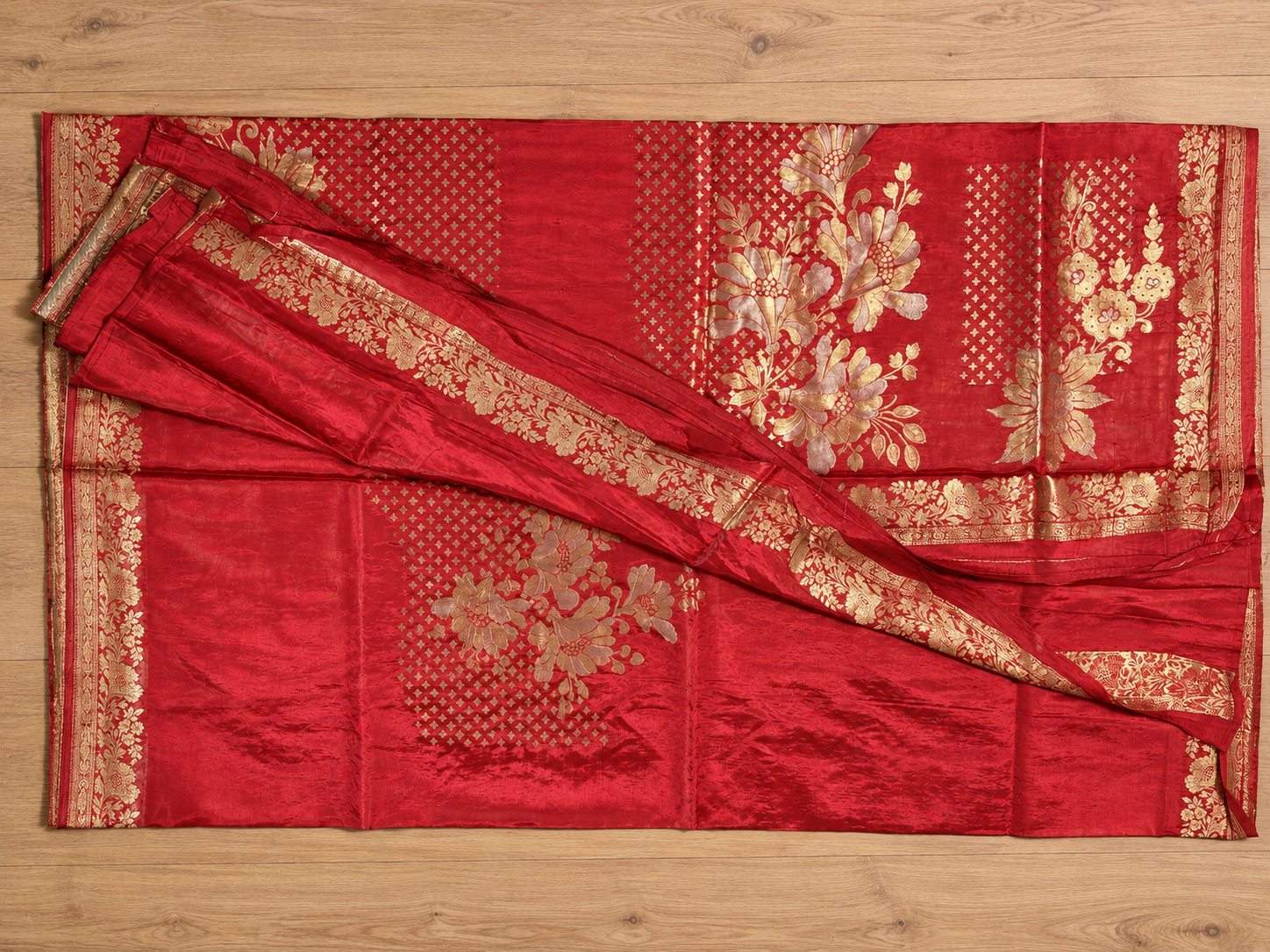 Ruby Red Gold Zari Floral Silk Saree photo 9