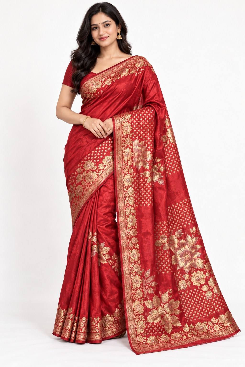 Ruby Red Gold Zari Floral Silk Saree photo 10