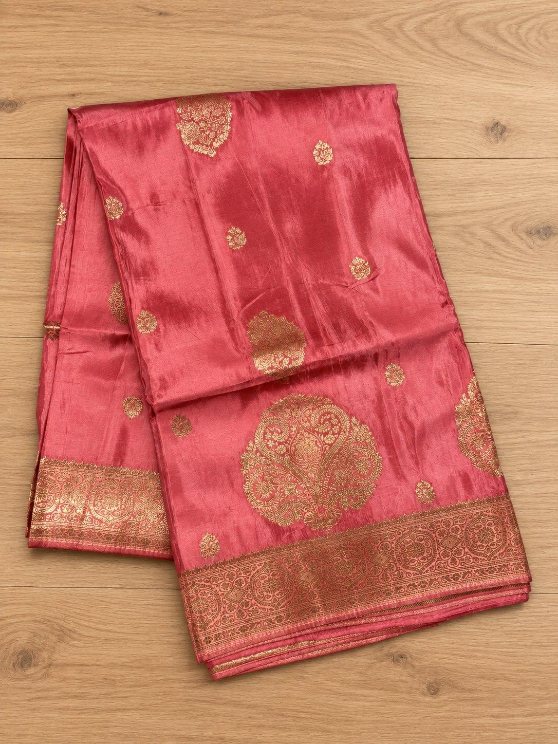 Coral Pink Gold Zari Butta Silk Saree
