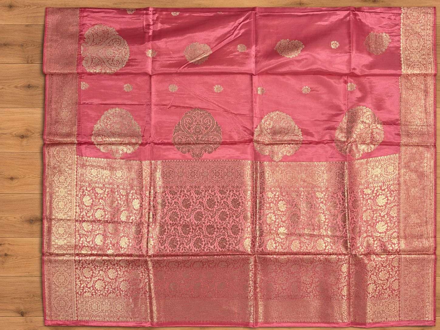 Coral Pink Gold Zari Butta Silk Saree photo 6