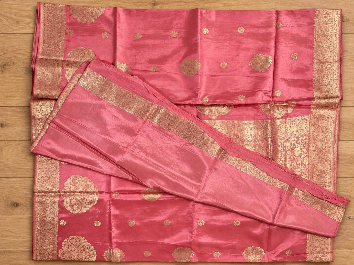 Coral Pink Gold Zari Butta Silk Saree photo 7