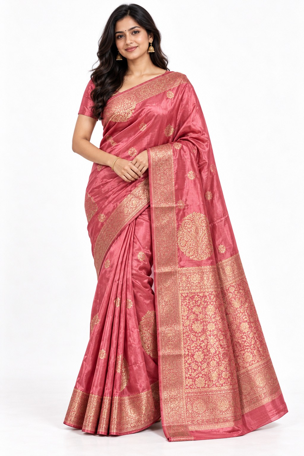 Coral Pink Gold Zari Butta Silk Saree photo 8