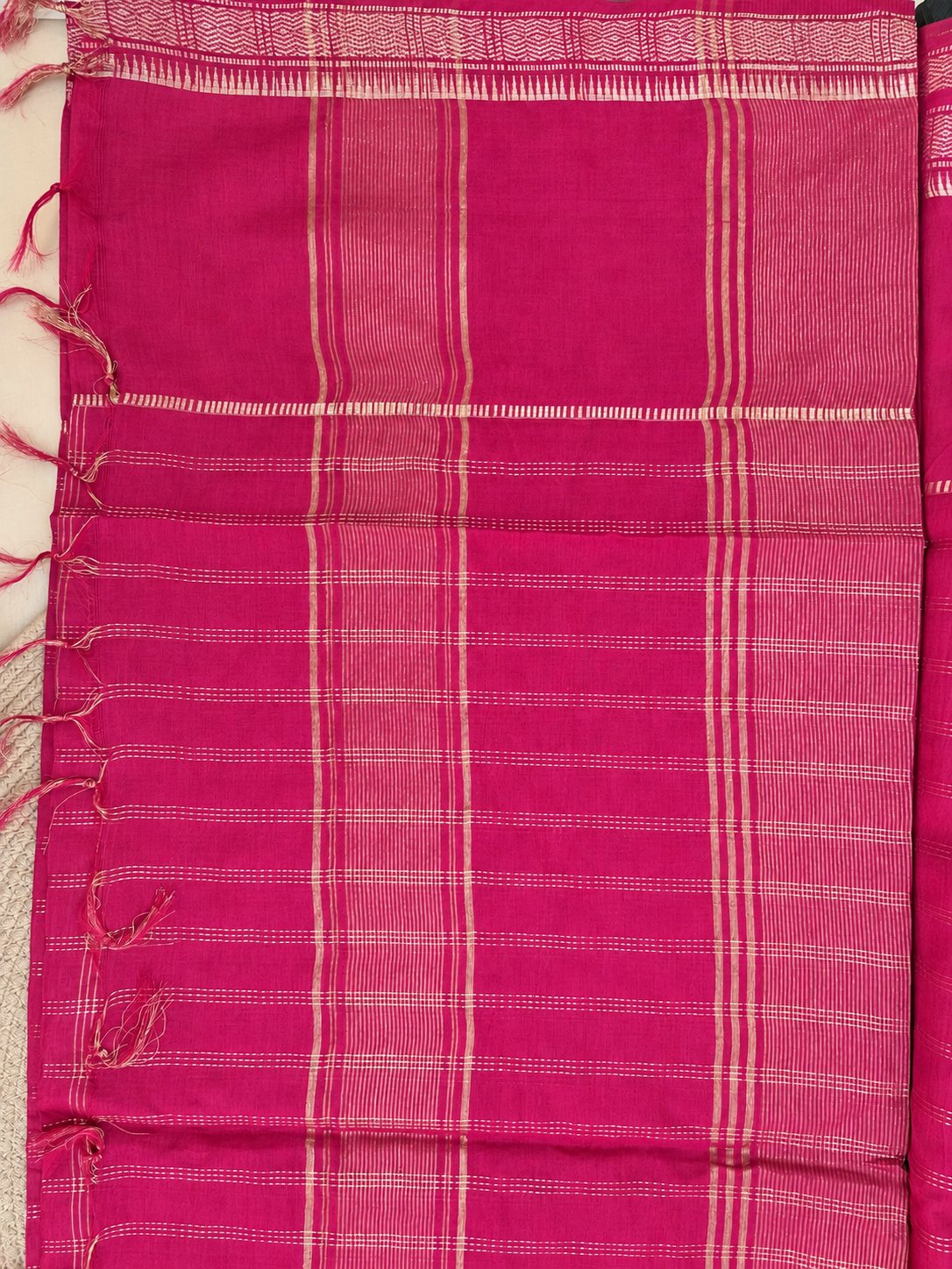 Check & Motif Stripe Pinstripe Border Cotton Saree photo 3