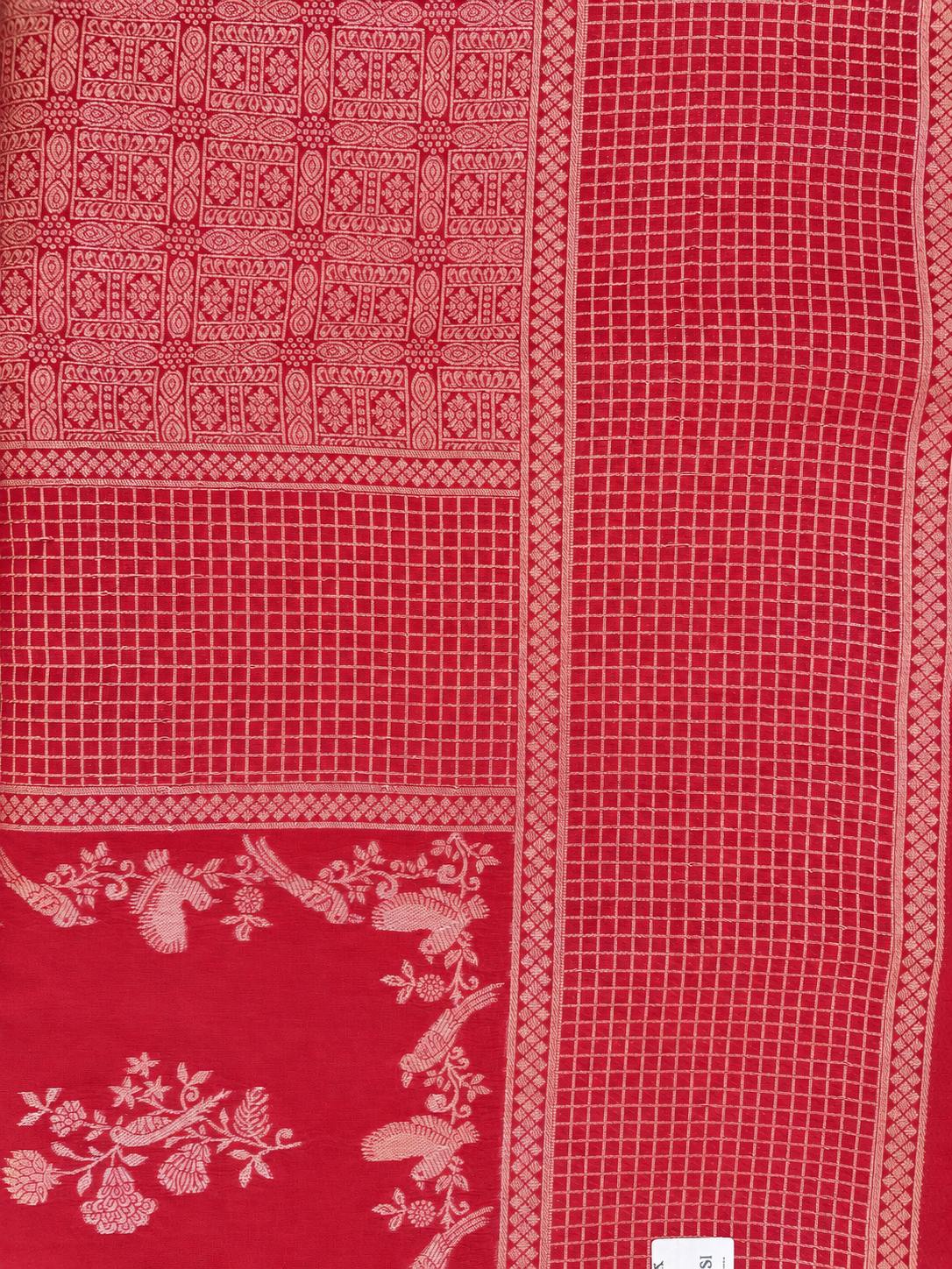 Checkered Panel Floral Bird Vine Cotton Saree photo 3