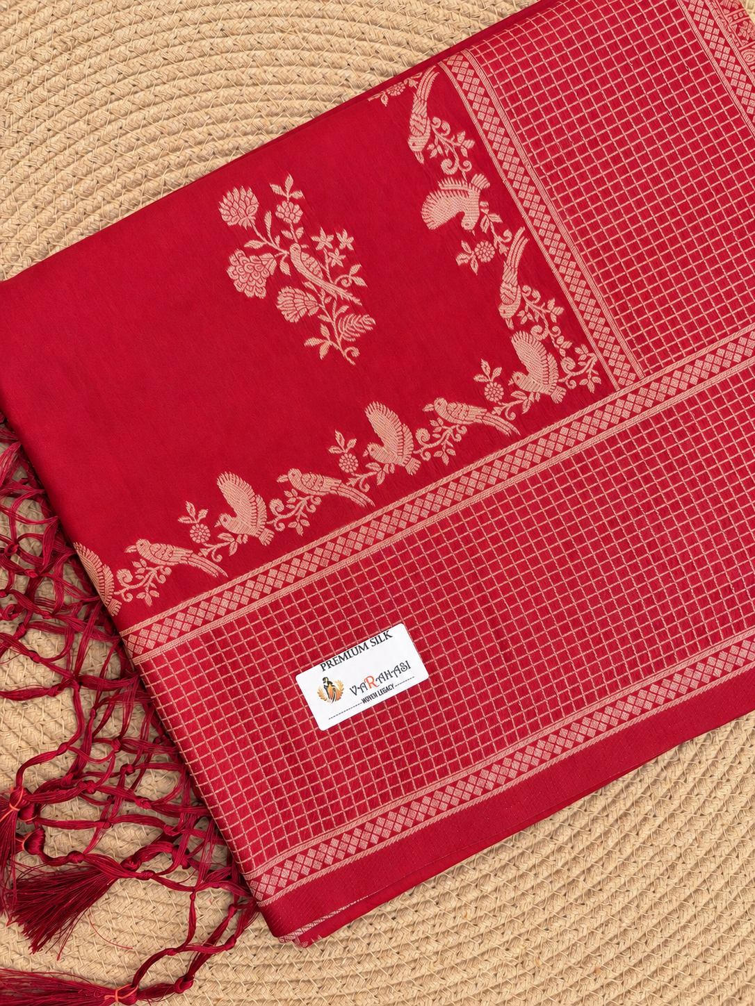 Checkered Panel Floral Bird Vine Cotton Saree