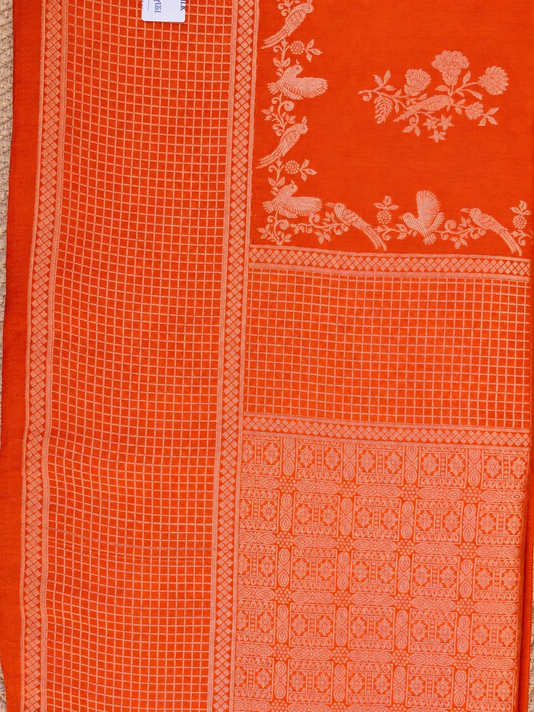 Checkered Panel Floral Bird Vine Cotton Saree photo 3