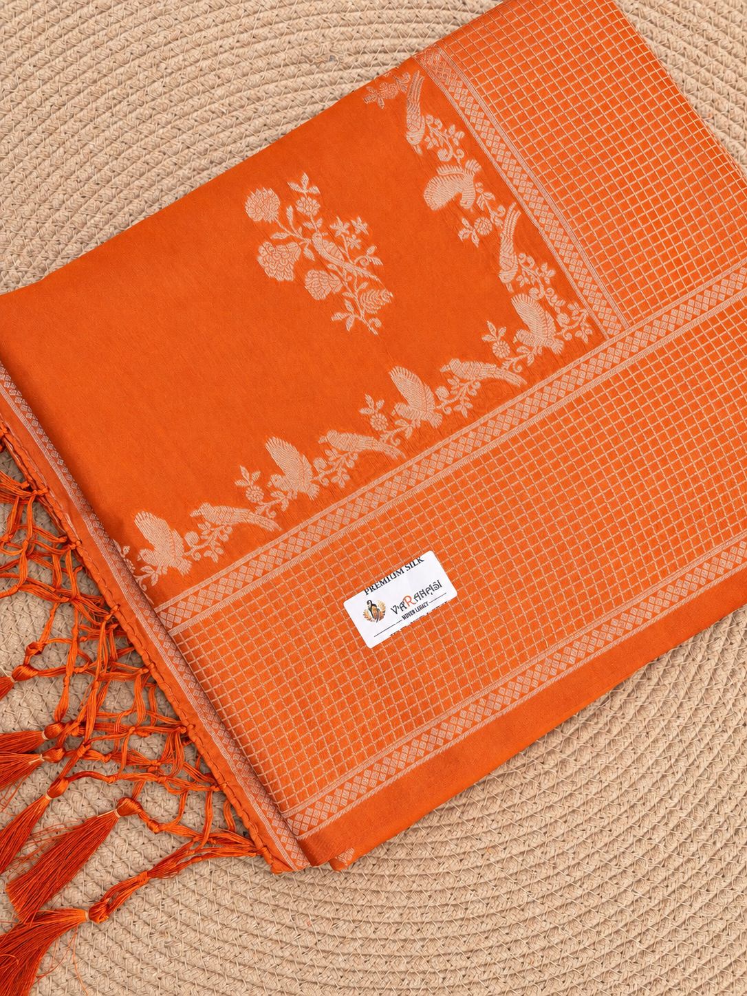 Checkered Panel Floral Bird Vine Cotton Saree