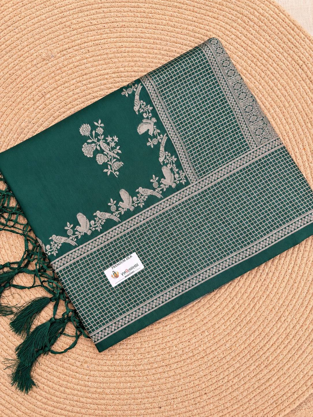 Checkered Panel Floral Bird Vine Cotton Saree