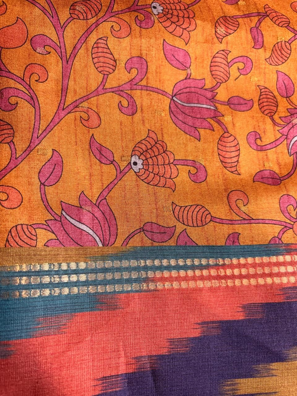 Kalamkari Print Multicolor Ikat Border Tussar Saree photo 3