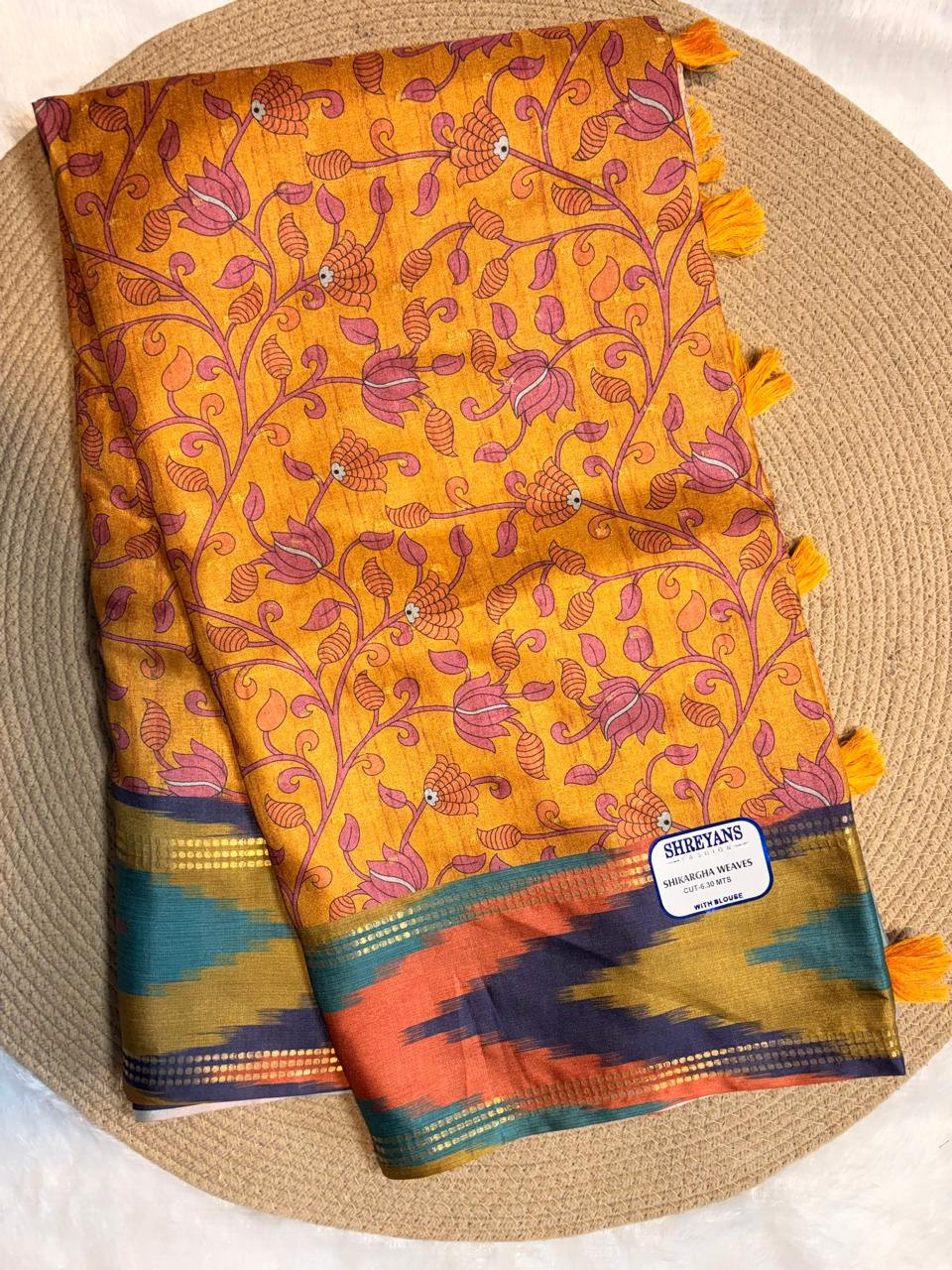 Kalamkari Print Multicolor Ikat Border Tussar Saree