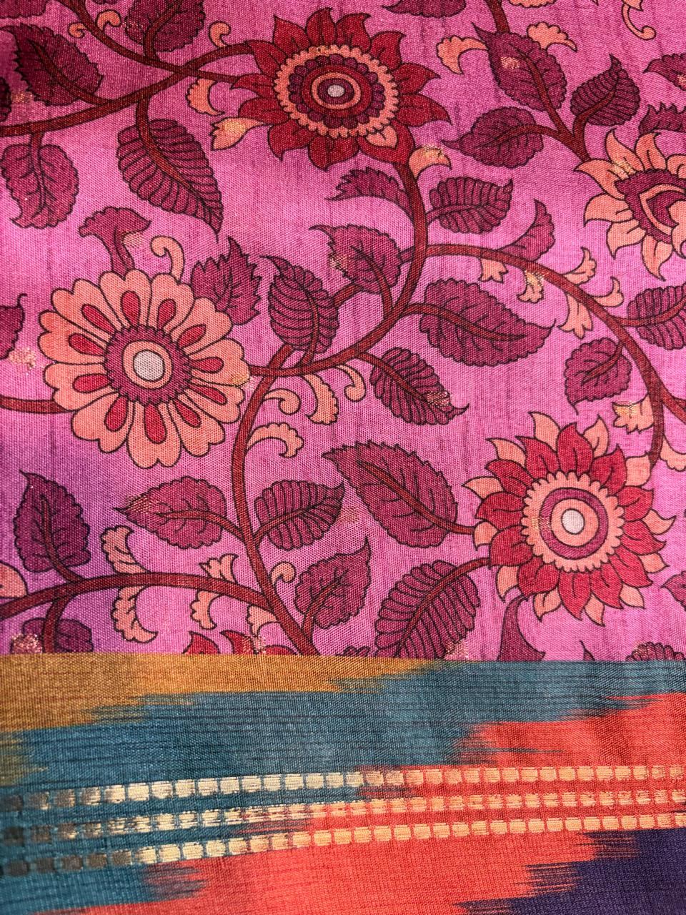 Kalamkari Print Multicolor Ikat Border Tussar Saree photo 3