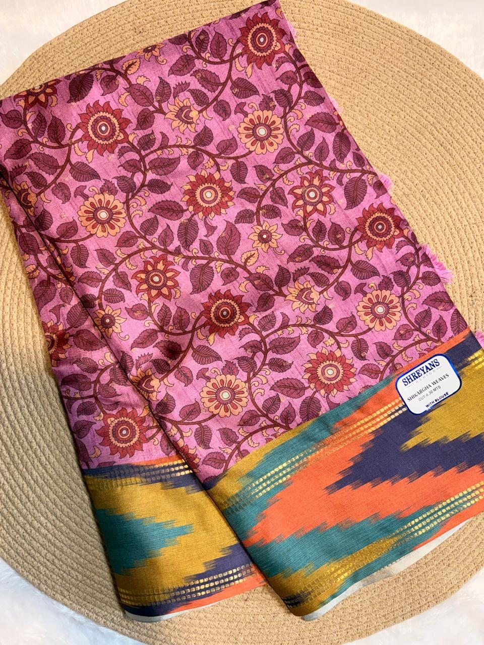 Kalamkari Print Multicolor Ikat Border Tussar Saree