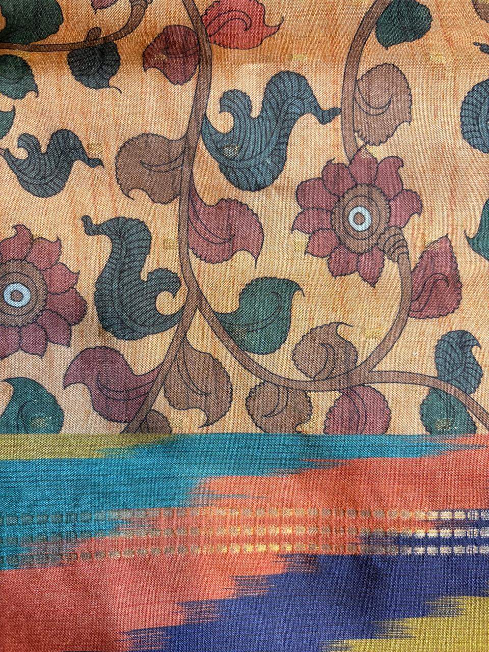 Kalamkari Print Multicolor Ikat Border Tussar Saree photo 3