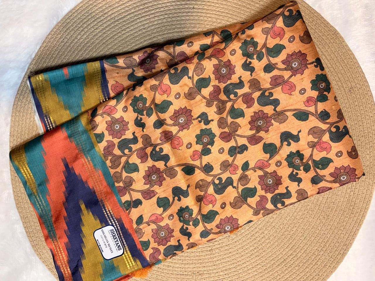 Kalamkari Print Multicolor Ikat Border Tussar Saree