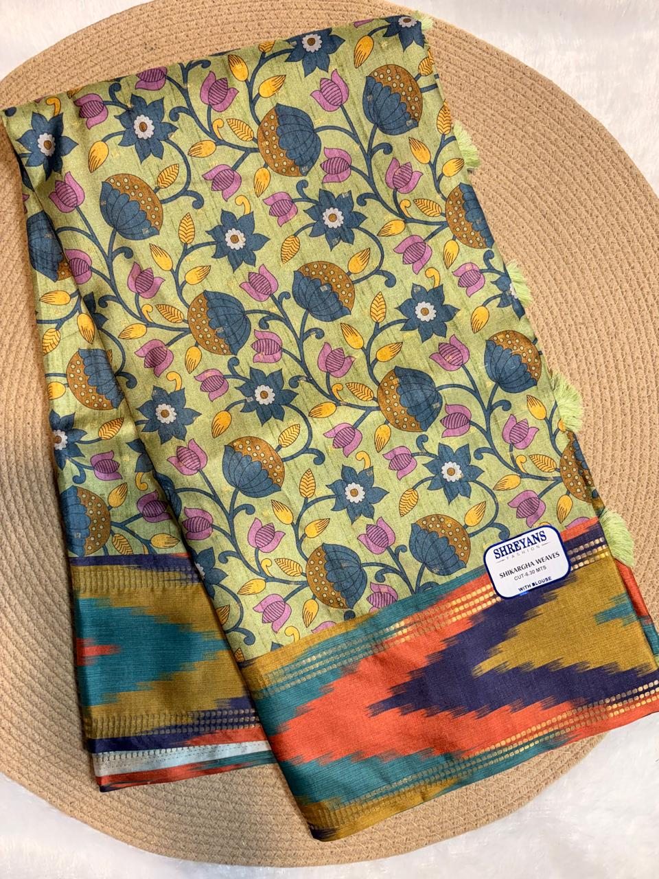 Kalamkari Print Multicolor Ikat Border Tussar Saree