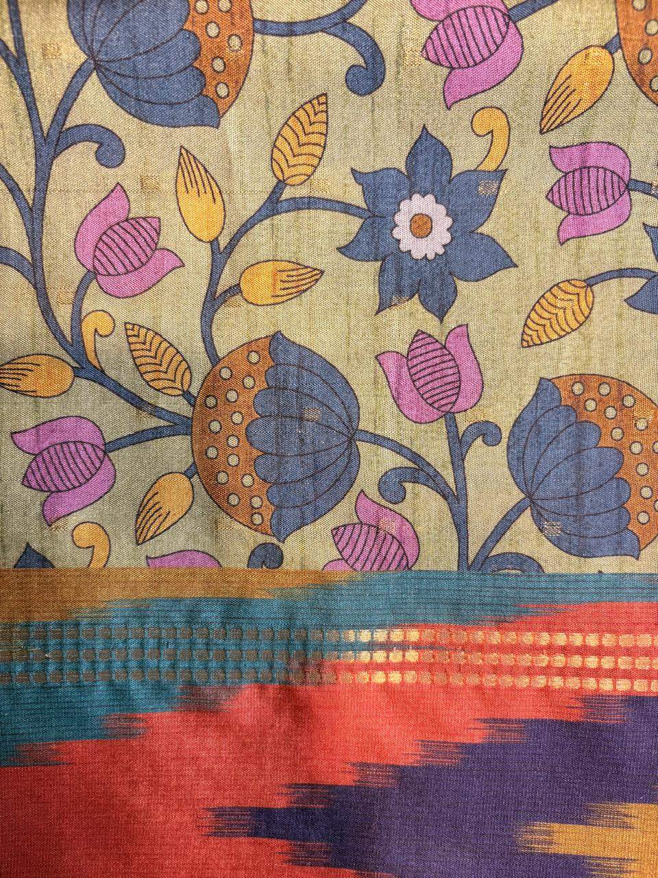 Kalamkari Print Multicolor Ikat Border Tussar Saree photo 3