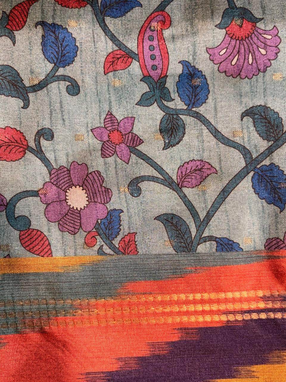 Kalamkari Print Multicolor Ikat Border Tussar Saree photo 3