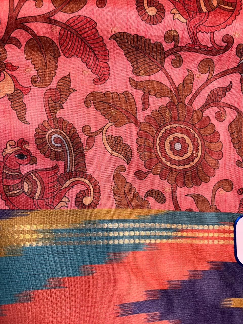 Kalamkari Print Multicolor Ikat Border Tussar Saree photo 3