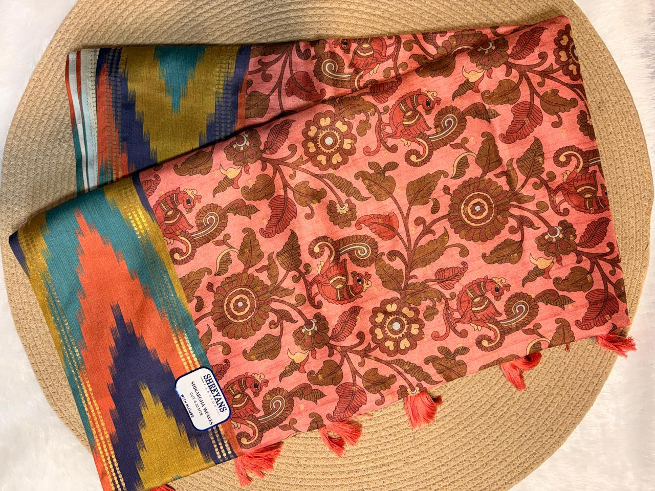 Kalamkari Print Multicolor Ikat Border Tussar Saree