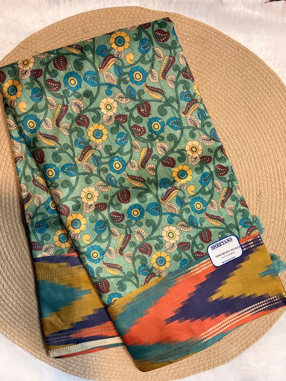 Kalamkari Print Multicolor Ikat Border Tussar Saree