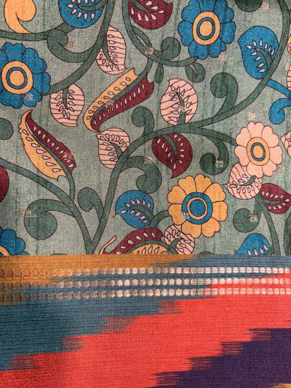Kalamkari Print Multicolor Ikat Border Tussar Saree photo 3