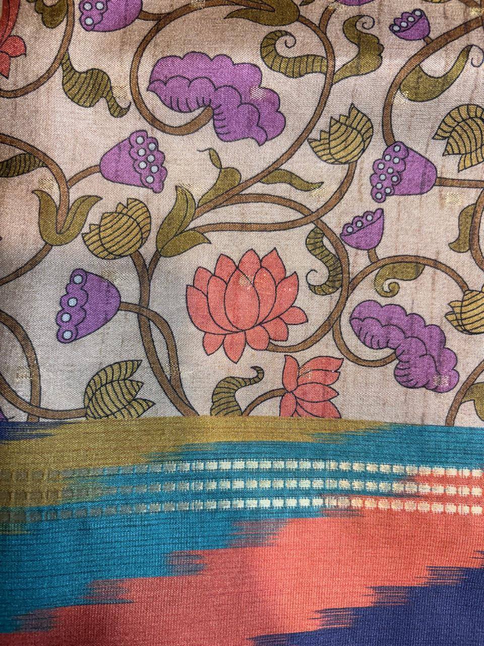 Kalamkari Print Multicolor Ikat Border Tussar Saree photo 3