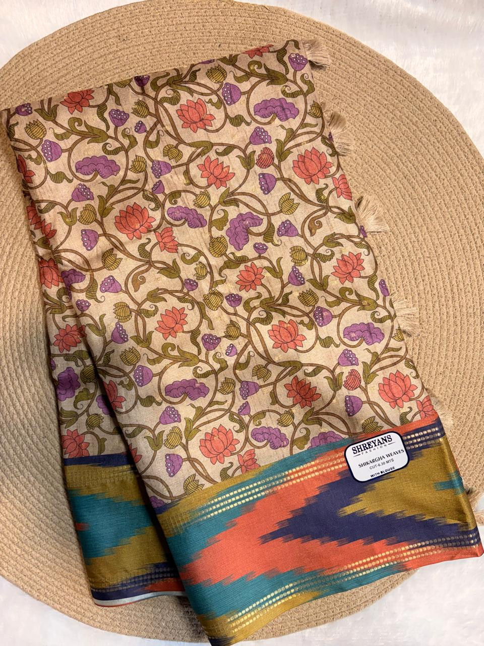 Kalamkari Print Multicolor Ikat Border Tussar Saree