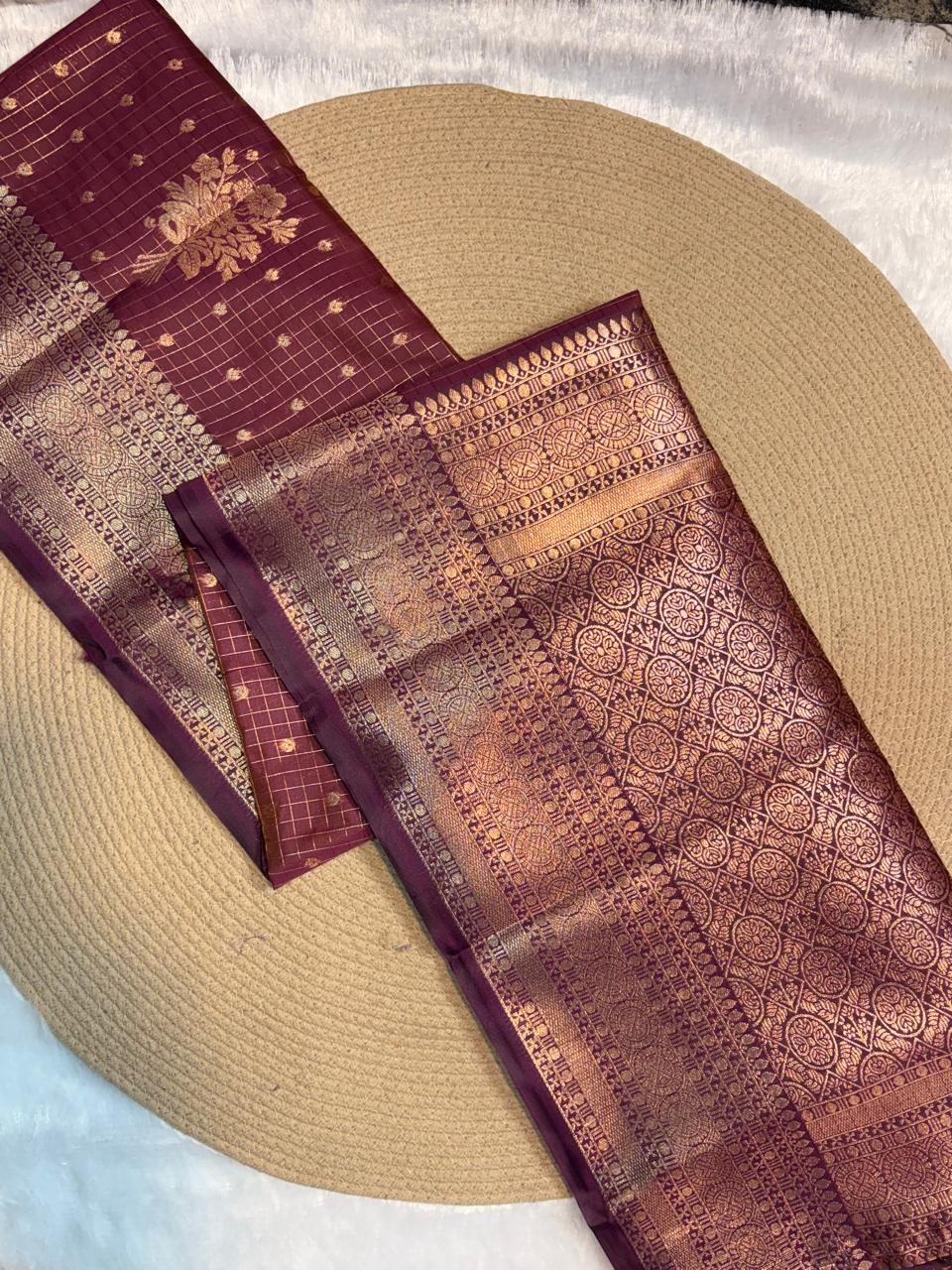 Checked Zari Butta Organza Saree