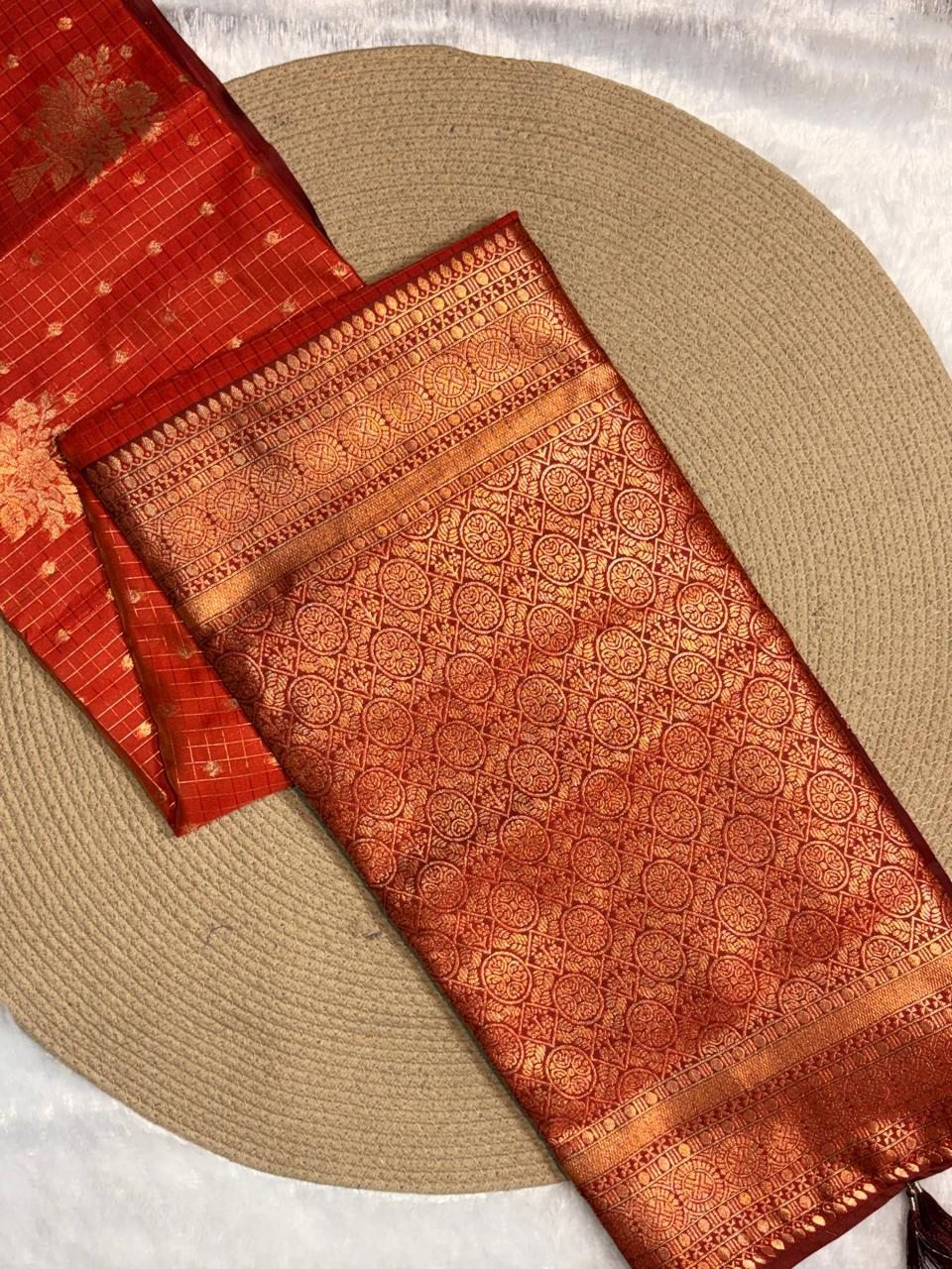 Checked Zari Butta Organza Saree