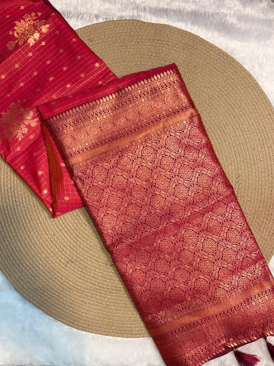 Checked Zari Butta Organza Saree