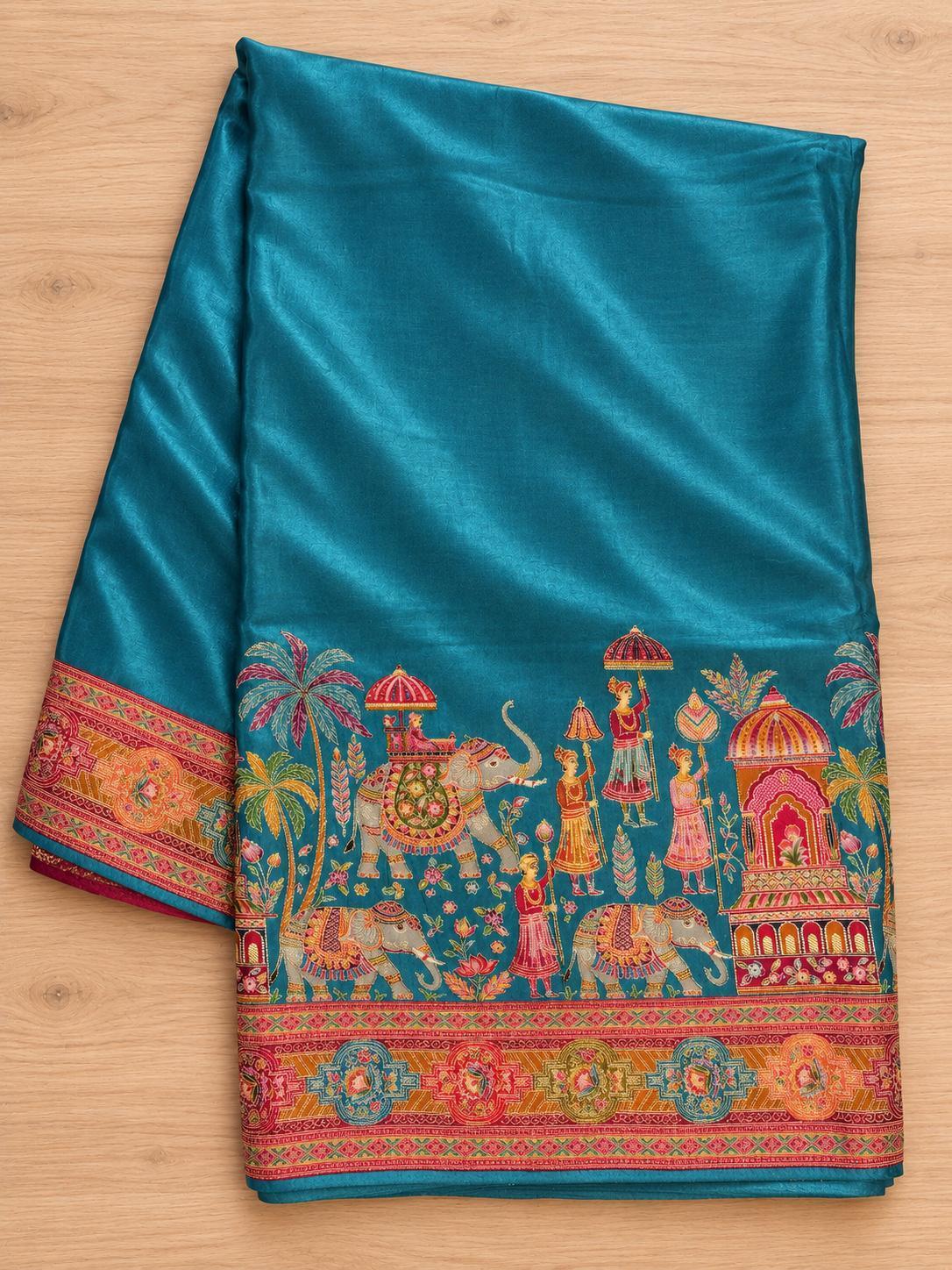 Teal Blue Elephant Procession Silk Saree