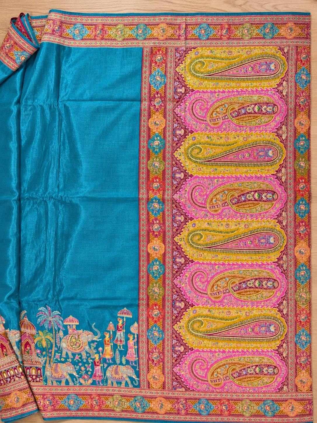 Teal Blue Elephant Procession Silk Saree photo 3
