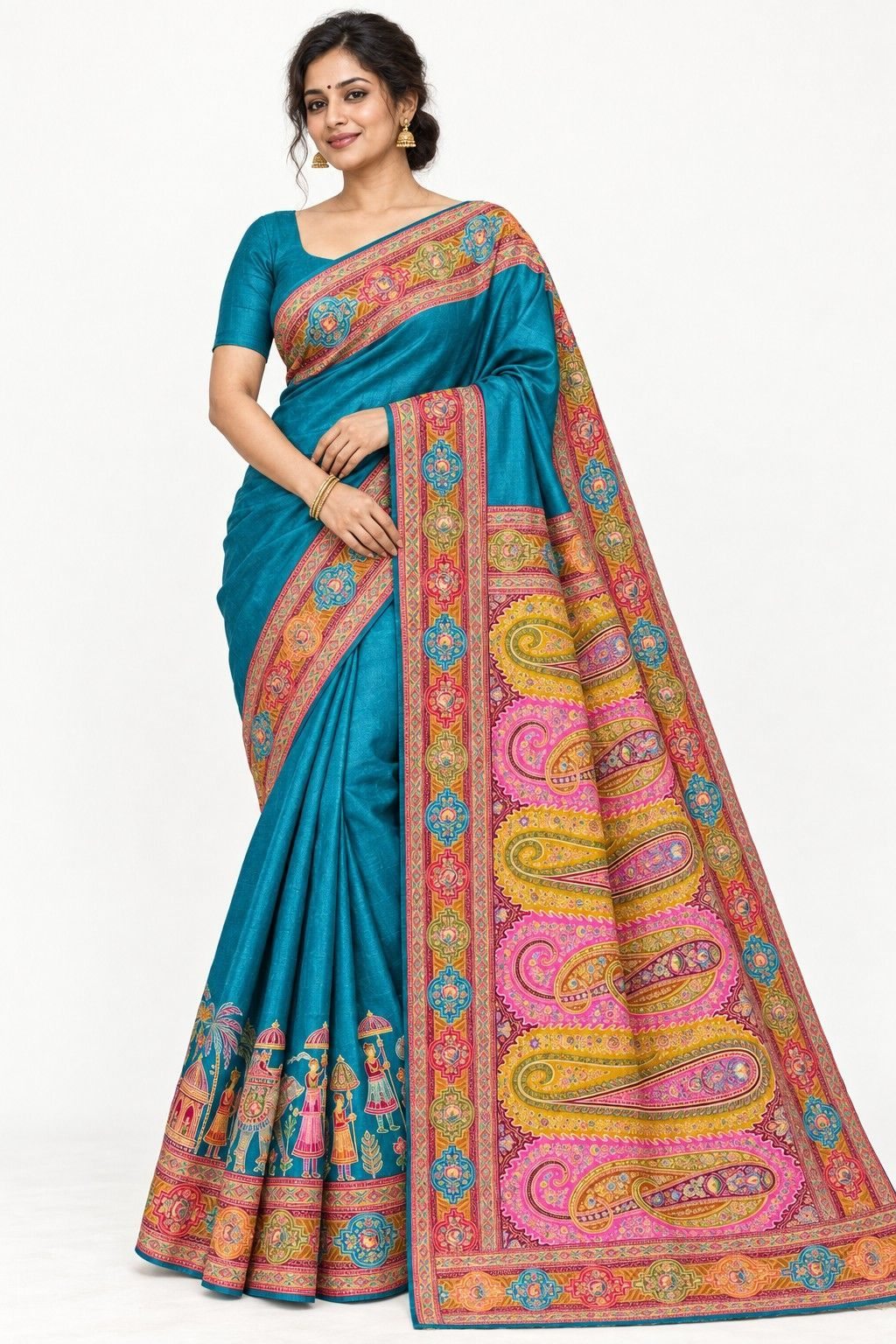 Teal Blue Elephant Procession Silk Saree photo 5