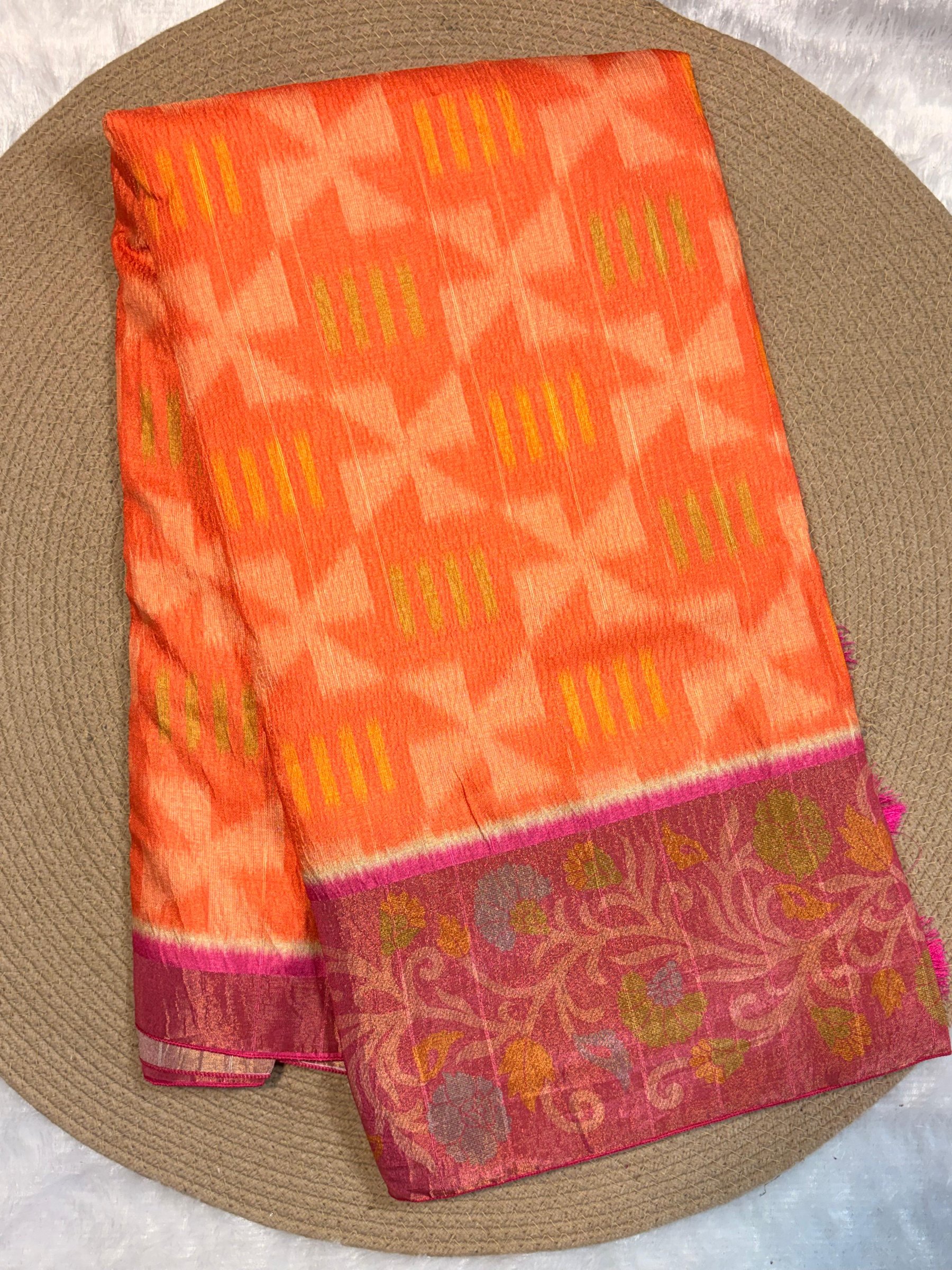 Ikat Pattern Floral Zari Border Silk Saree
