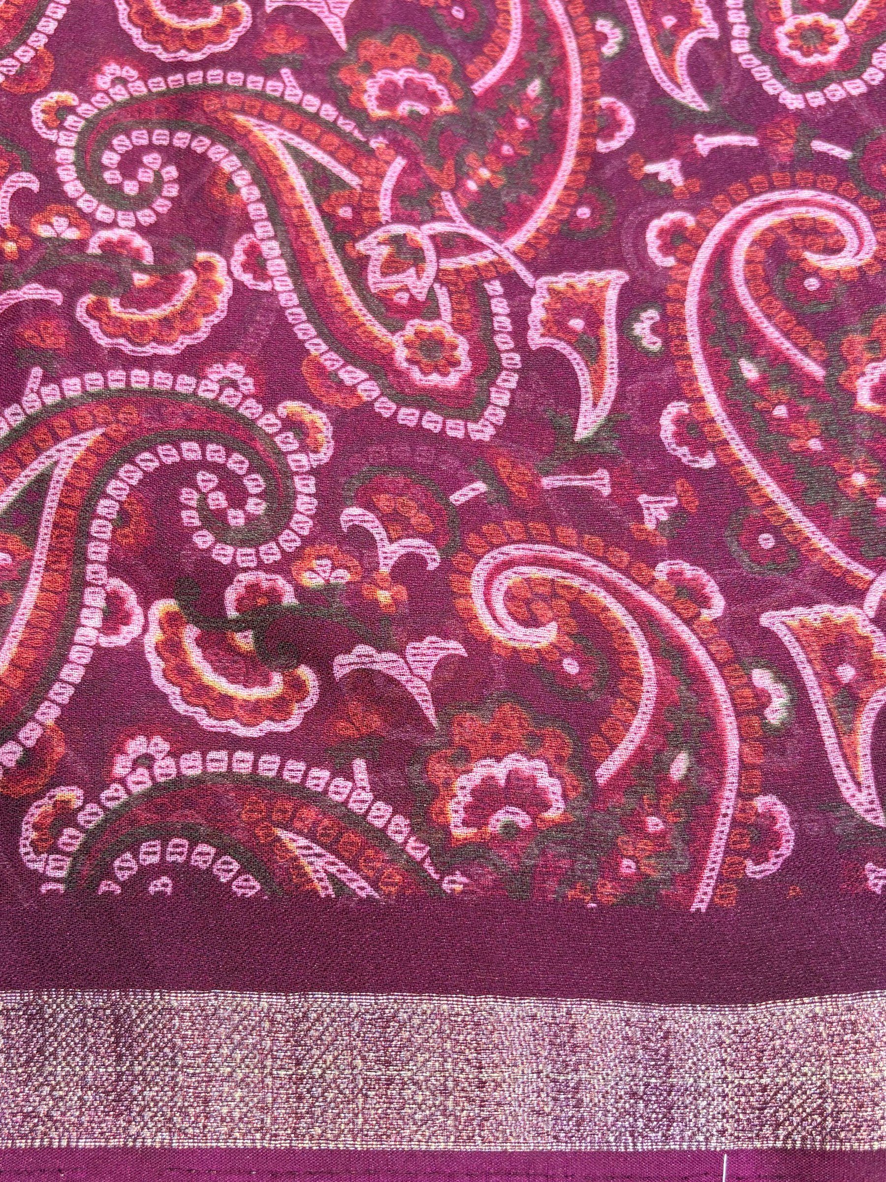 Paisley Print Silver Zari Border Georgette Saree