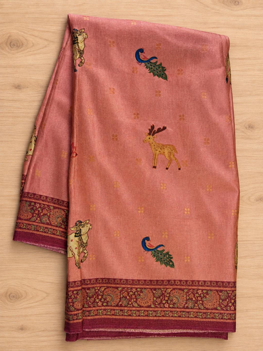 Peach Deer Peacock Motif Silk Saree
