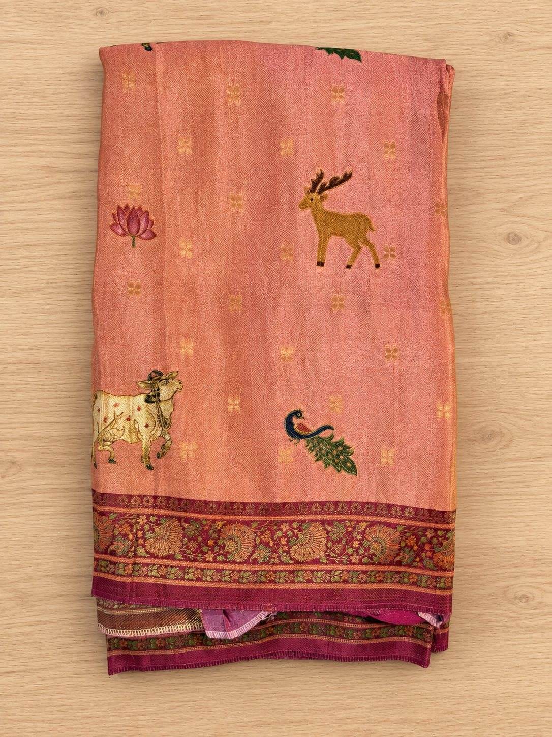 Peach Deer Peacock Motif Silk Saree photo 3