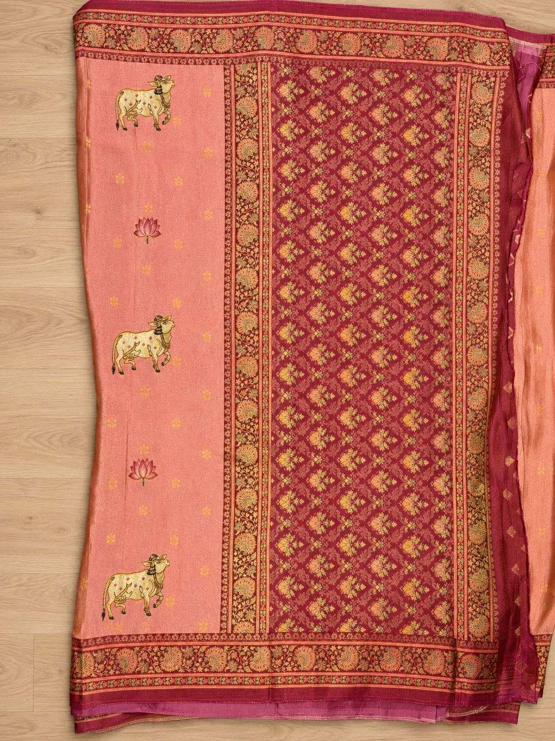 Peach Deer Peacock Motif Silk Saree photo 4