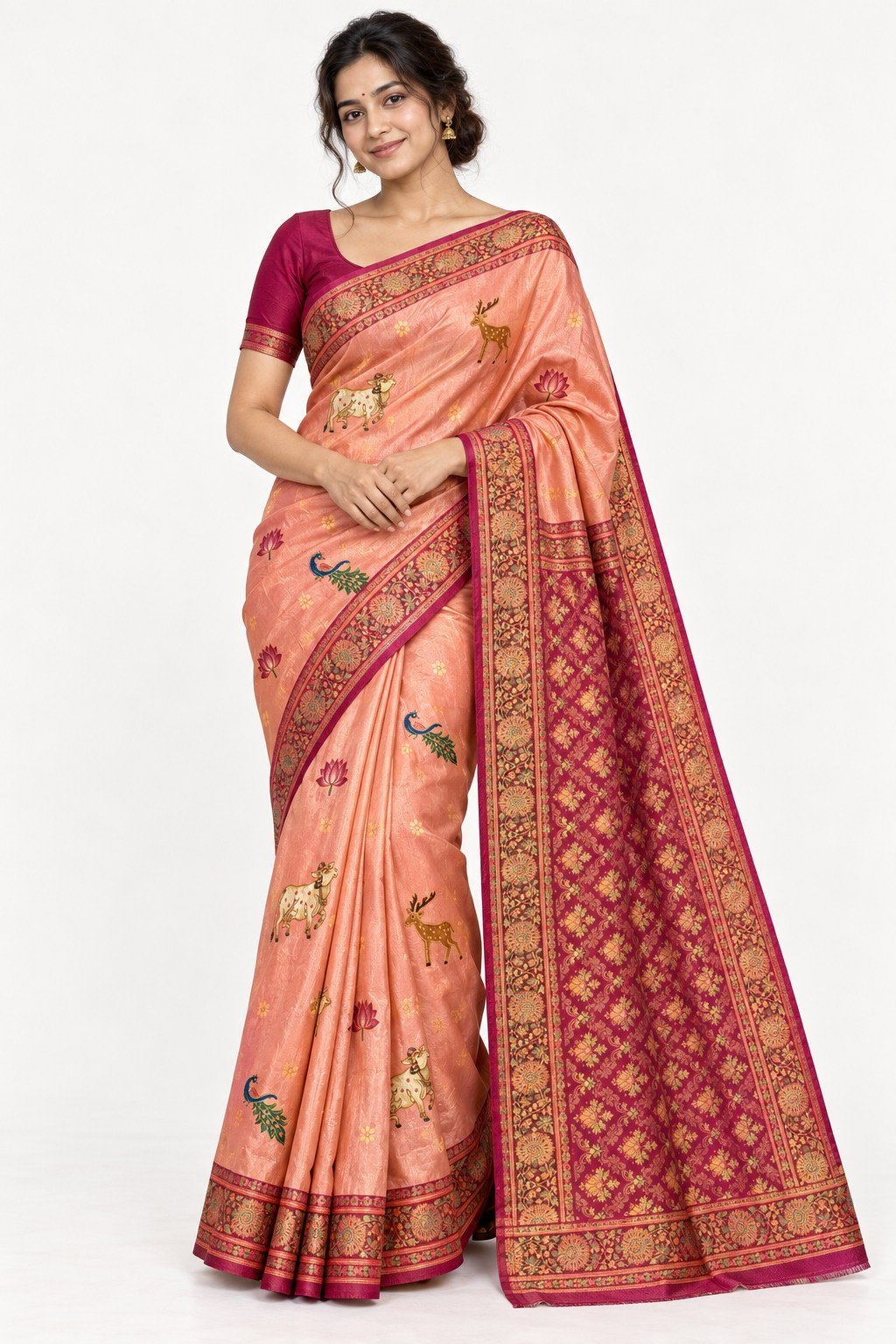 Peach Deer Peacock Motif Silk Saree photo 5
