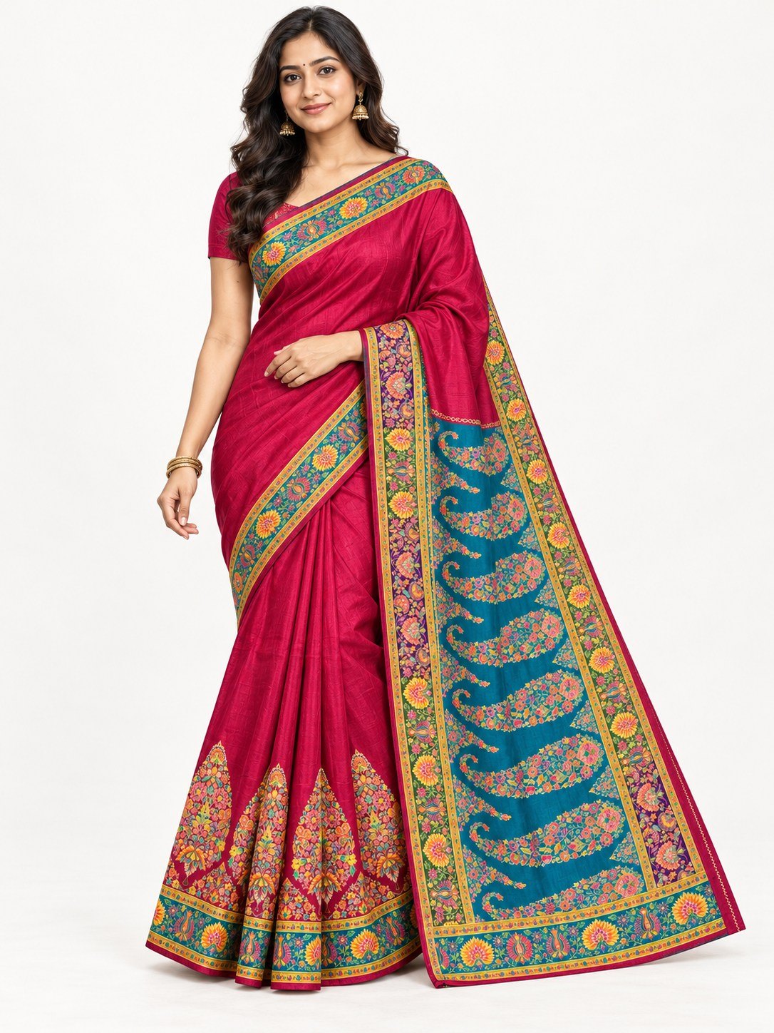 Crimson Teal Paisley Border Silk Saree photo 3