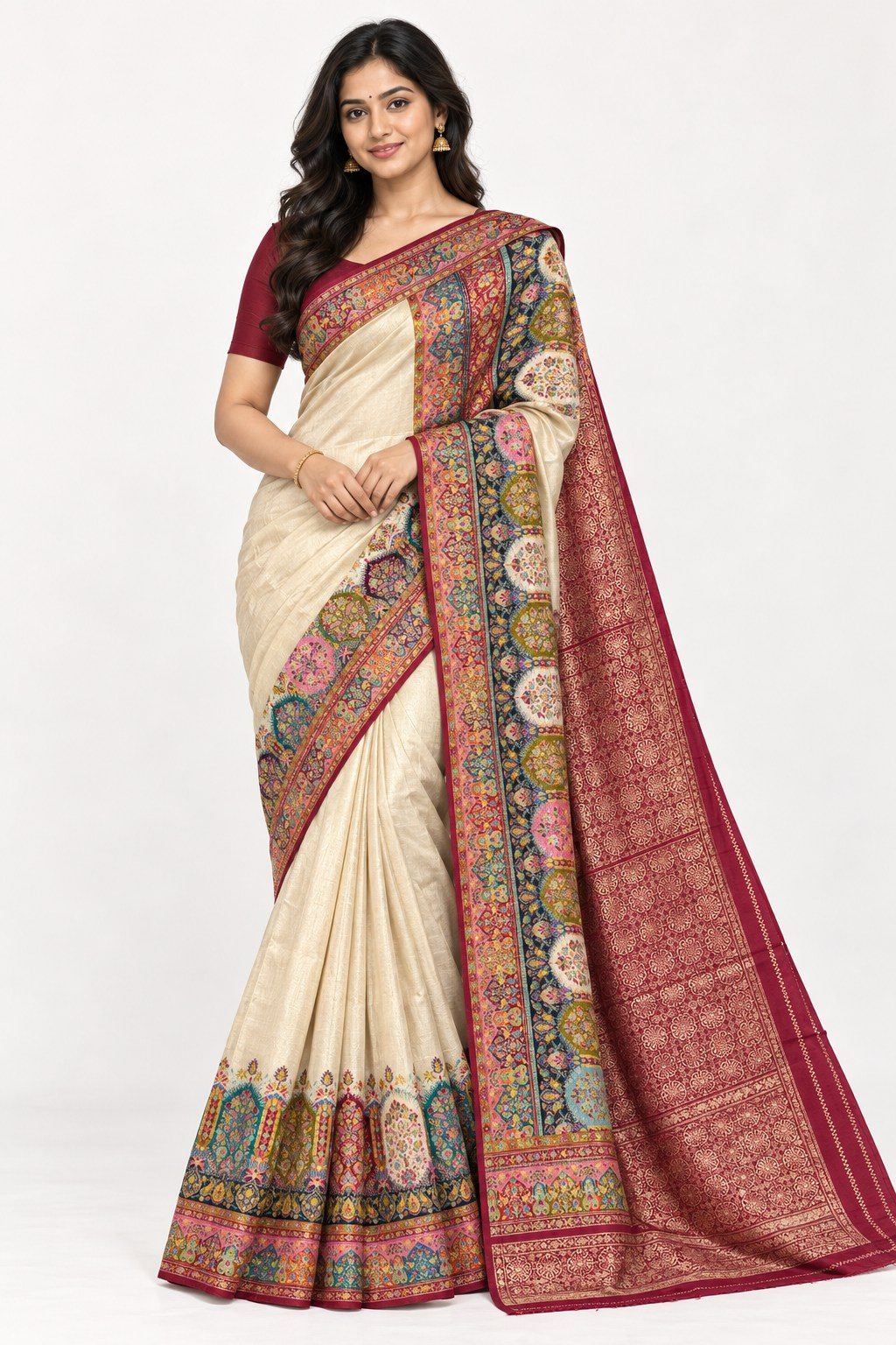 Cream Crimson Medallion Border Silk Saree photo 7
