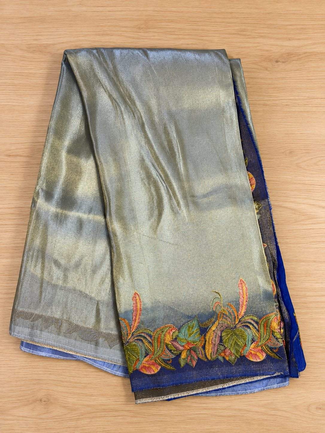 Silver Blue Peacock Feather Border Silk Saree