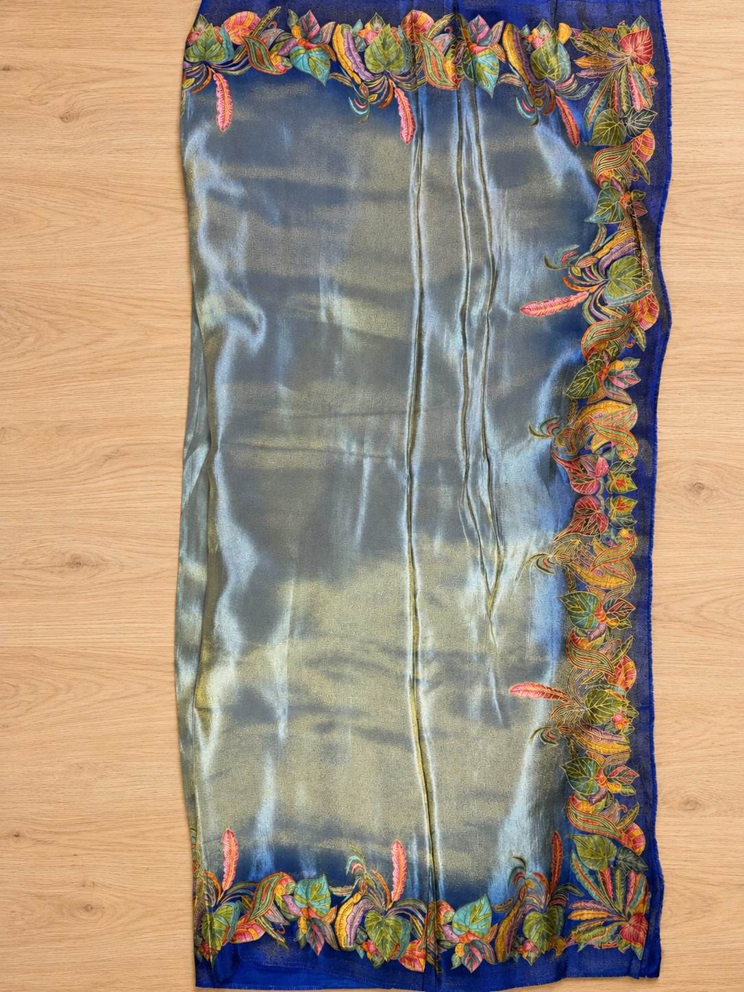 Silver Blue Peacock Feather Border Silk Saree photo 4