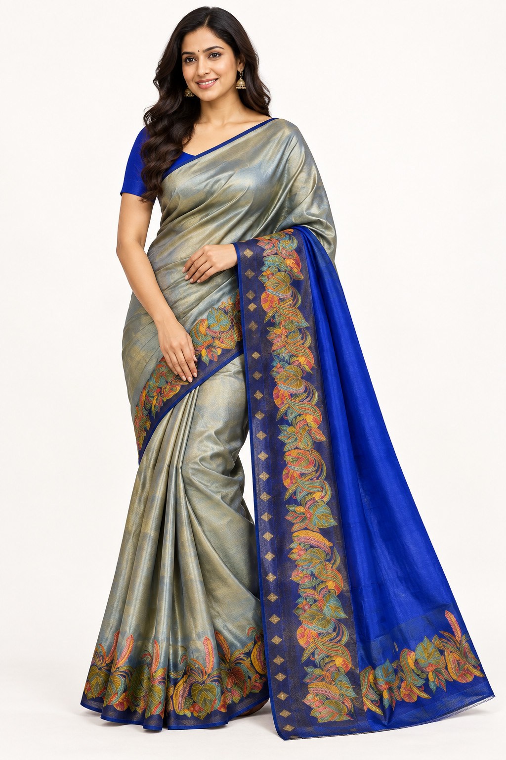 Silver Blue Peacock Feather Border Silk Saree photo 5